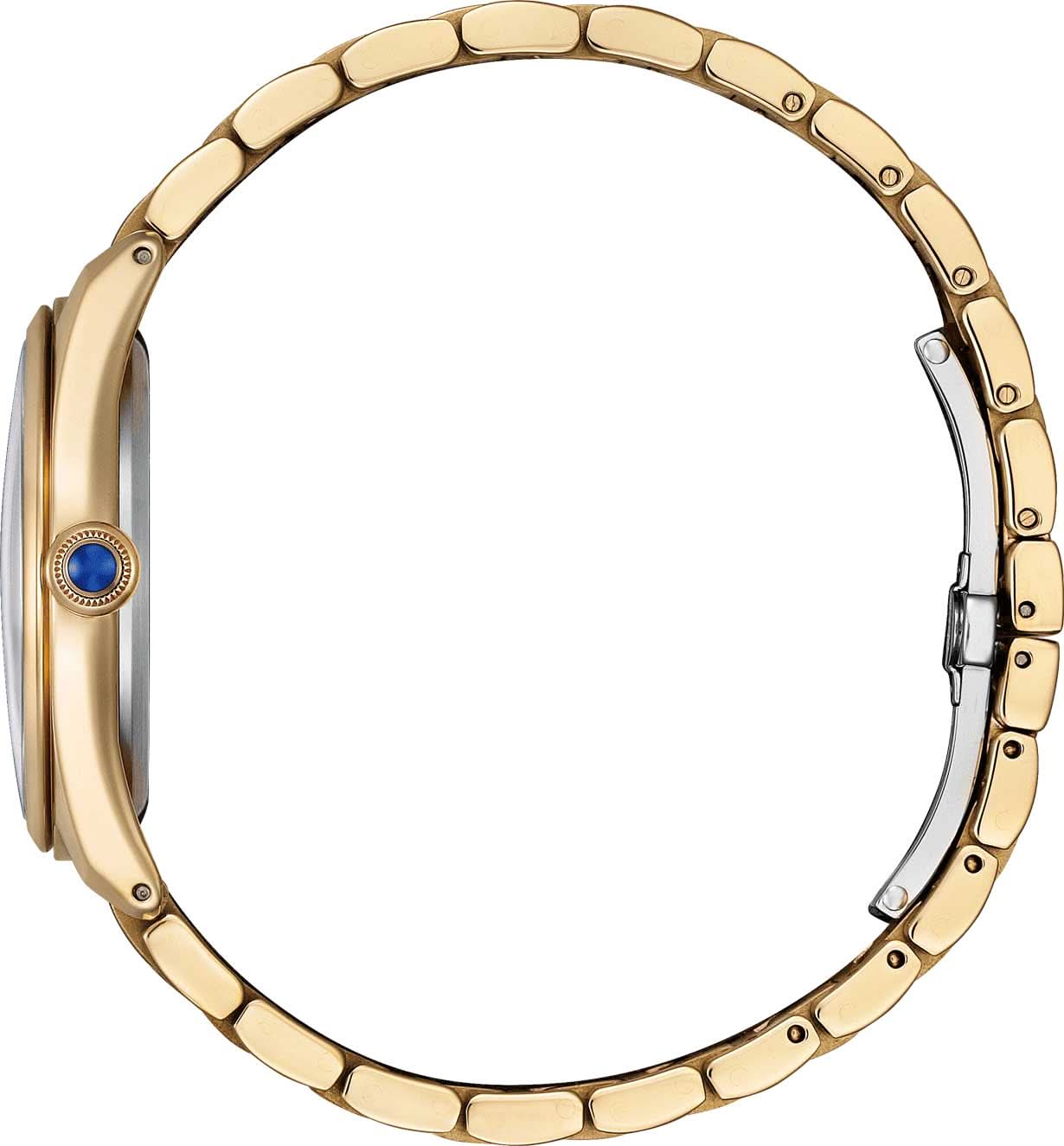 Damklocka med guldfärgat armband i rostfritt stål, rundat boett med synliga fästen