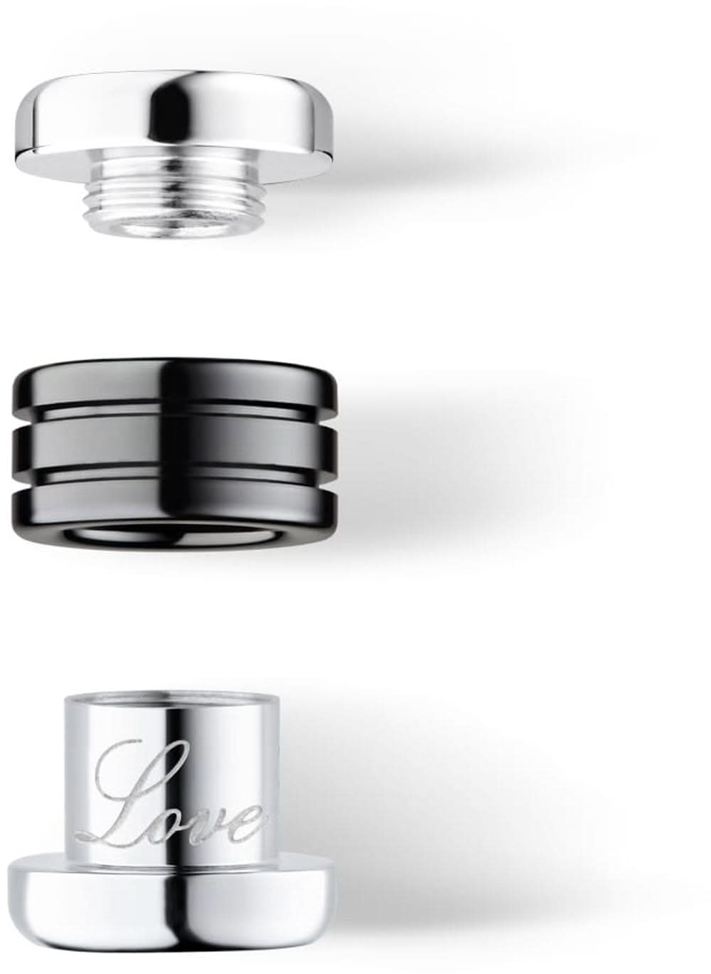 Pärla i rostfritt stål med "Love"-gravyr, svart ringdesign och skruvgänga