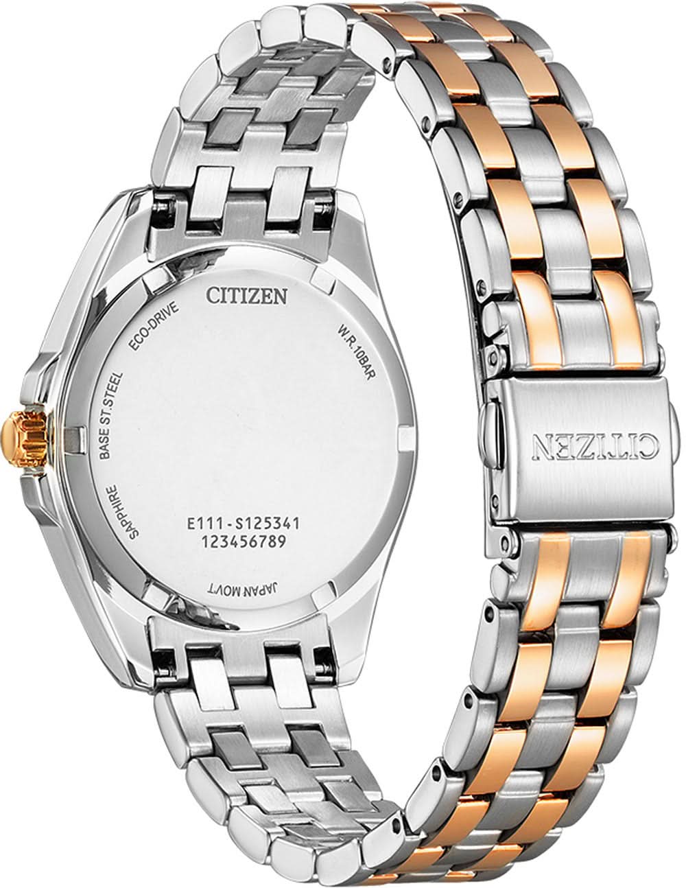 "Damklocka med armband i rostfritt stål (silver/guld), baksida med CITIZEN-text."
