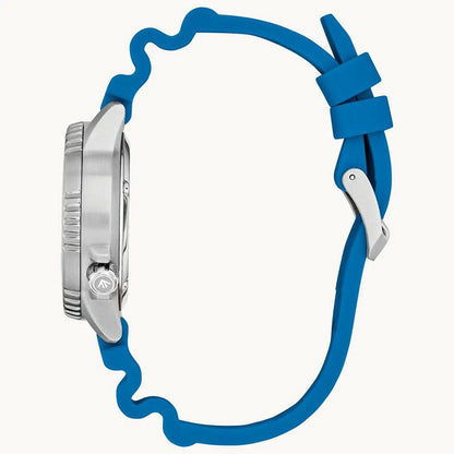 Citizen Promaster damklocka från sidan med blått silikonarmband och boett i rostfritt stål