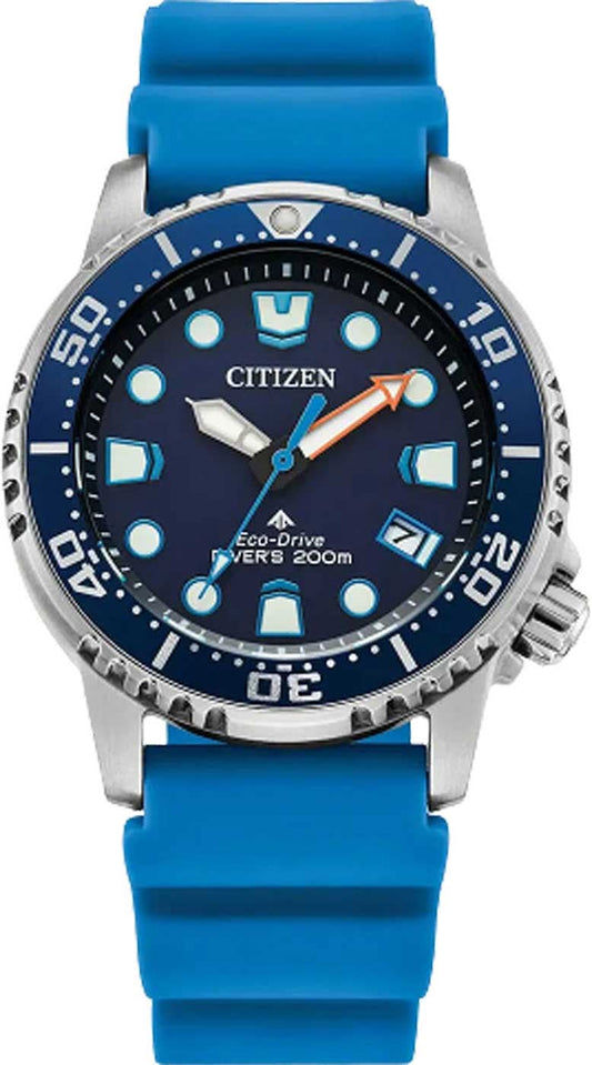 Citizen Promaster damklocka: blå urtavla, vridbar ring, blått silikonarmband