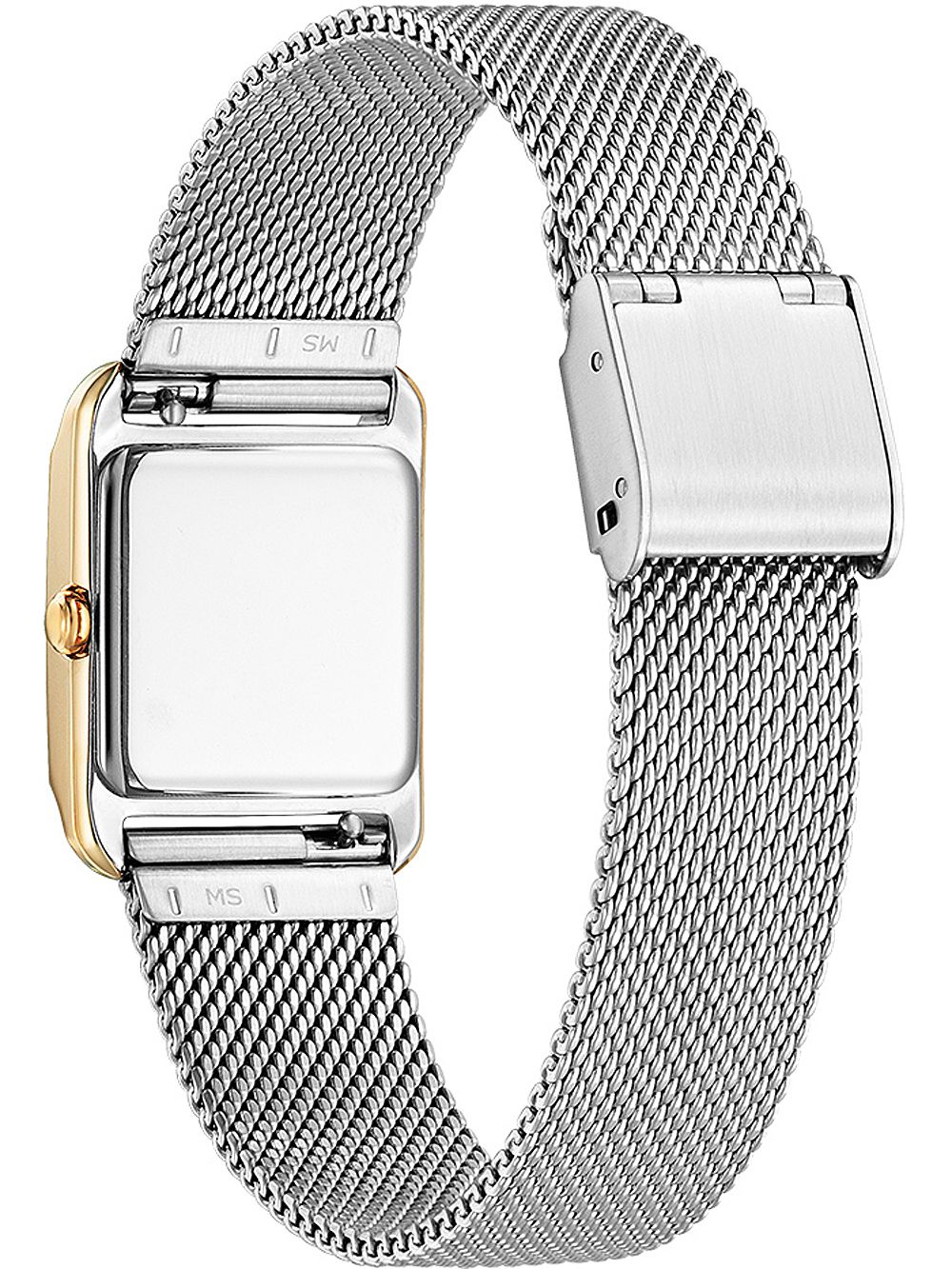 Armbanduhr mit rechteckigem Gehäuse und Edelstahl-Meshband, Seitenansicht