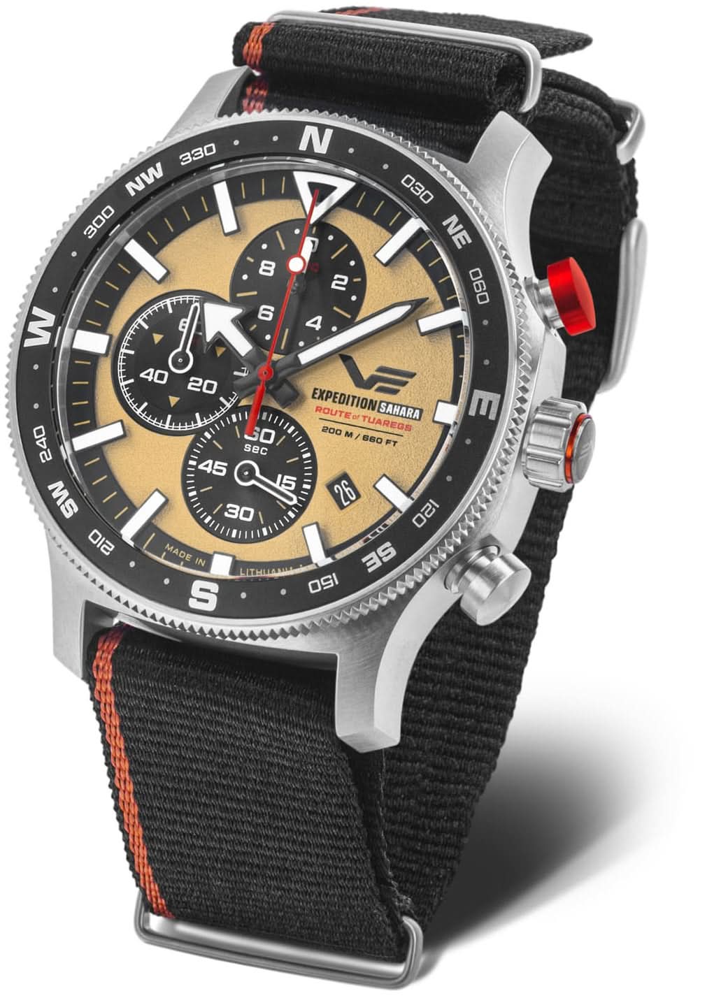 Vostok Europe-kronograf för herrar med svart urtavla, gulddetaljer och nylonarmband