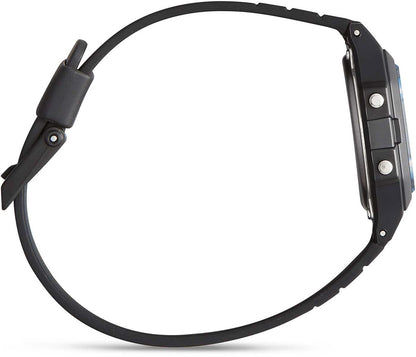 Casio klockboett och krona på svart armband, sidovy