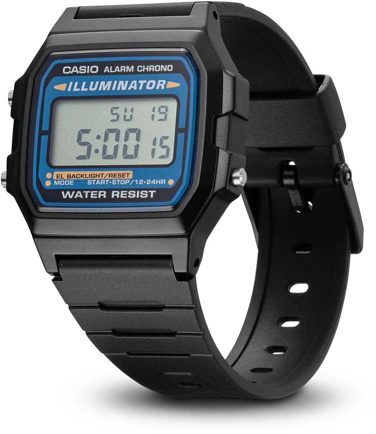 Casio Vintage-klocka med svart boett, blått LCD-ljus