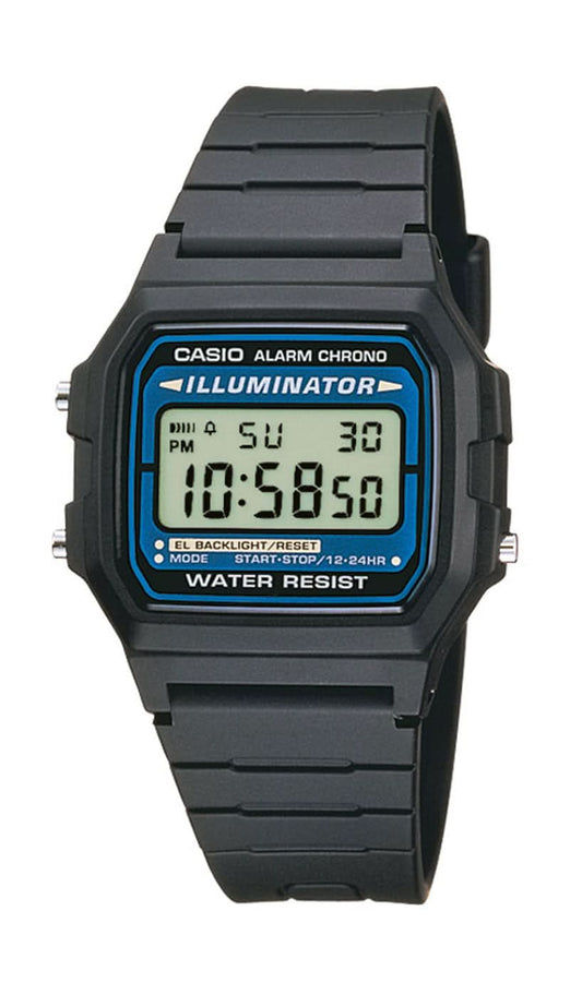 Casio retroklocka med svart armband och blå digital display