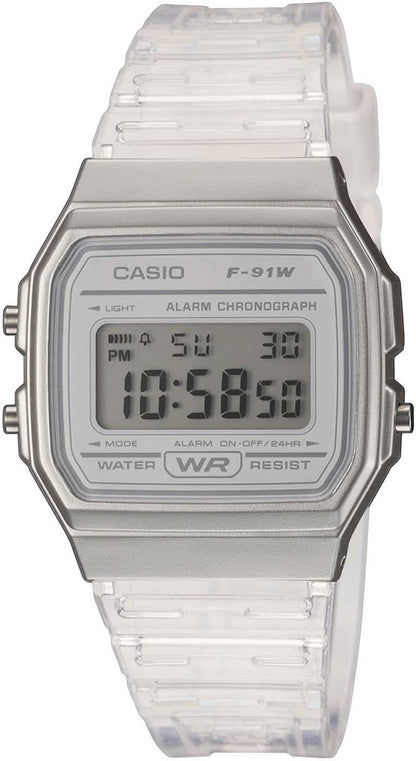 Casio damklocka med digital LCD, silverfärgat hölje och genomskinligt plastarmband.