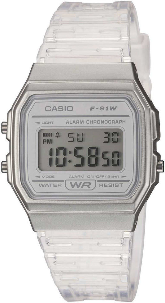 Casio damklocka med digital LCD, silverfärgat hölje och genomskinligt plastarmband.
