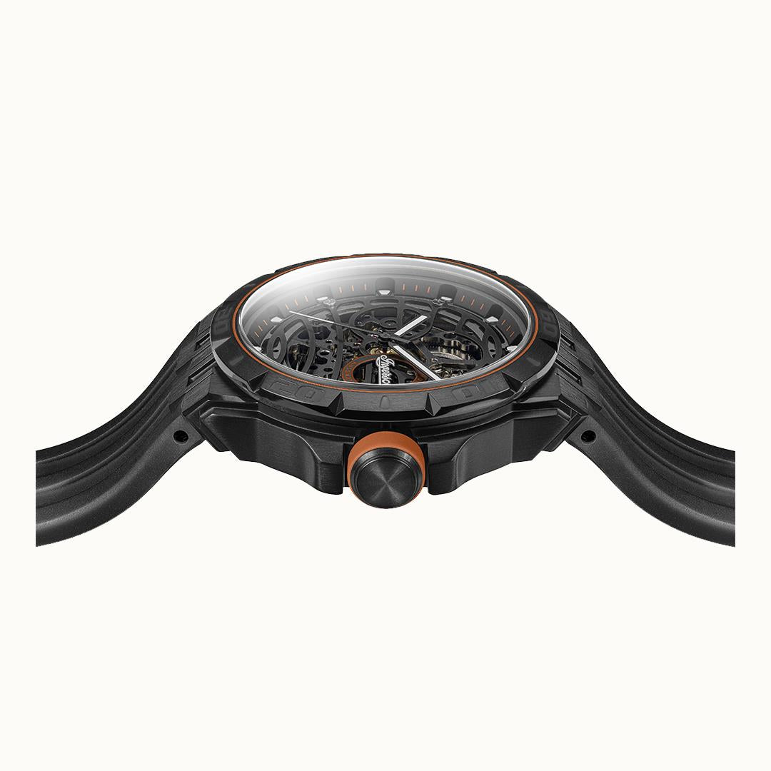 Herrenarmbanduhr Ingersoll The Rigger: Seitenansicht mit Gehäuse und orangefarbener Krone