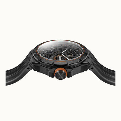 Herrenarmbanduhr Ingersoll The Rigger: Seitenansicht mit Gehäuse und orangefarbener Krone