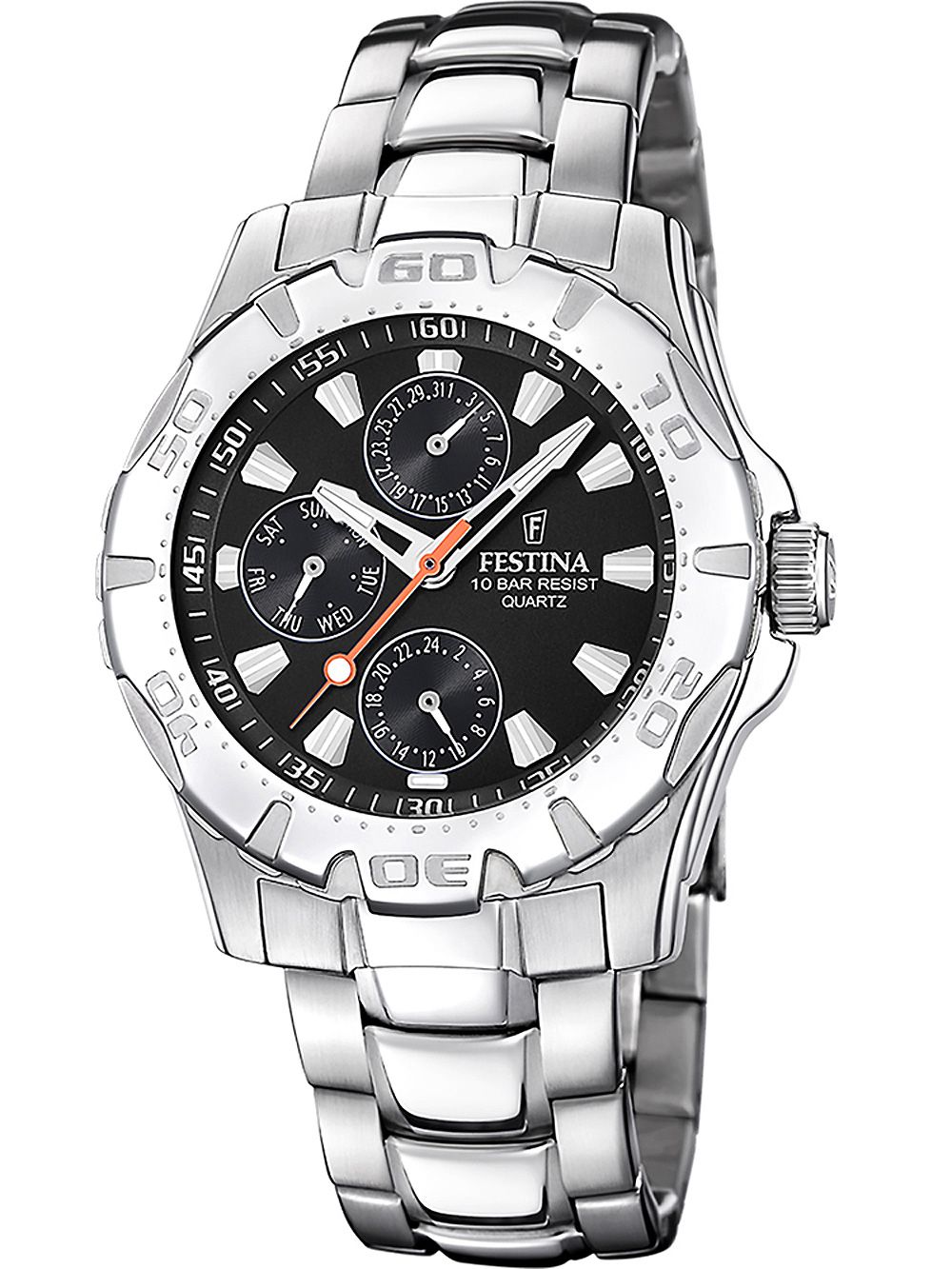Festina Sport F16242/L Herrenuhr • Schwarzes Zifferblatt mit Datum & Tag • Edelstahlarmband