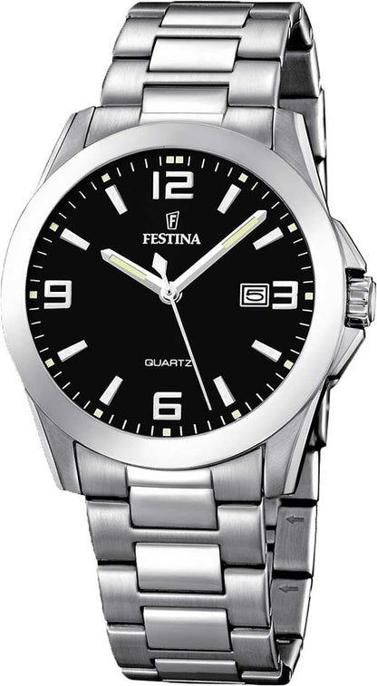 Festina herrklocka med svart urtavla och armband i rostfritt stål