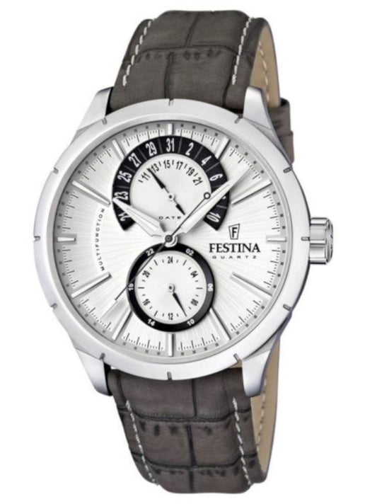 Festina Herrenuhr: silbernes Gehäuse, graues Lederarmband, Zifferblatt mit 24h-Display