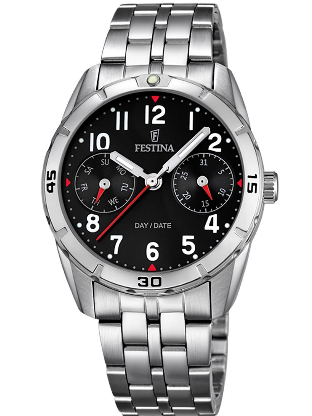 Zegarek dziecięcy Festina Junior Collection F16908/3 z czarną tarczą, bransoletą ze stali szlachetnej, datownikiem i dniem tygodnia