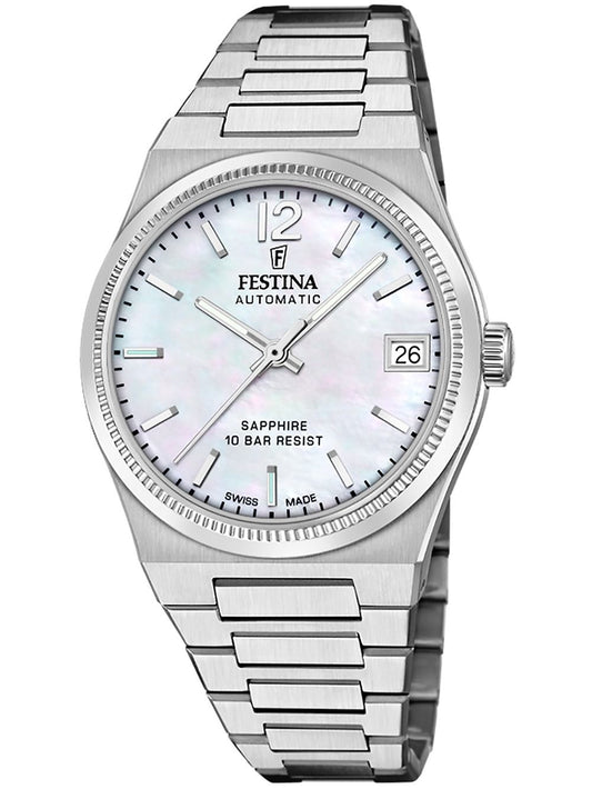 Silberne Damen-Automatik-Armbanduhr mit weißem Zifferblatt und Datumsfenster