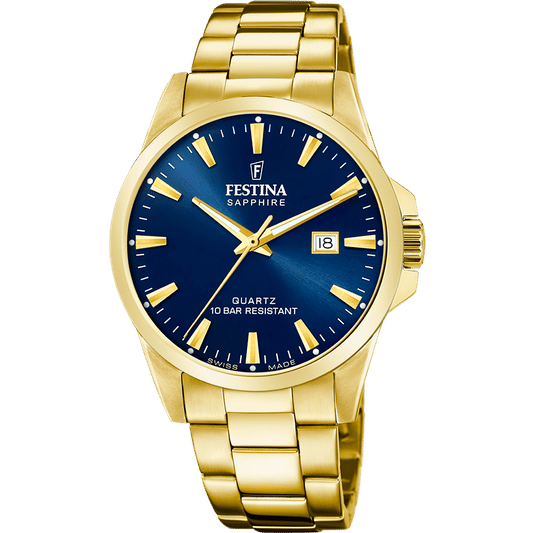 Festina Herrenarmbanduhr mit blauem Zifferblatt, Datumsfenster und goldfarbenem Metallband
