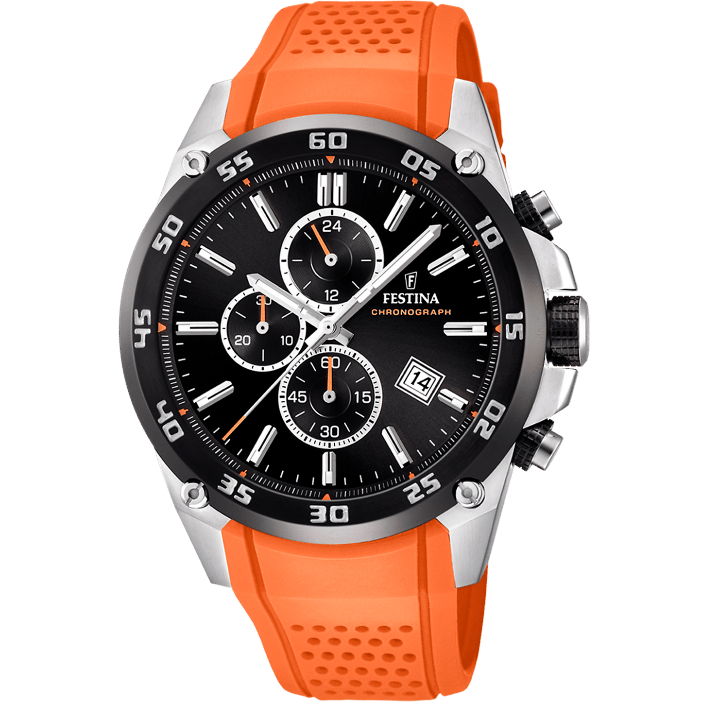 Herren-Armbanduhr mit Chronograph, schwarzem Zifferblatt und orangefarbenem Silikonarmband