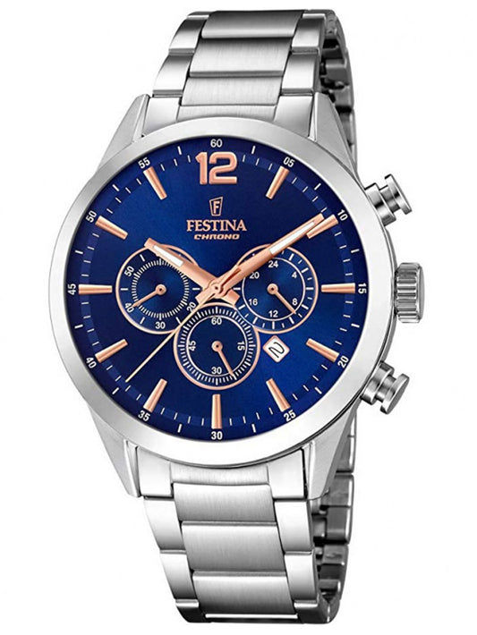 Festina Herrenuhr Chronograph mit blauem Zifferblatt und Edelstahlarmband