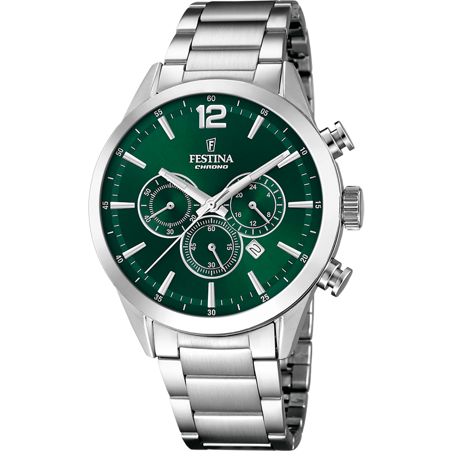 Festina Herren-Chronograph-Armbanduhr mit grünem Zifferblatt und Edelstahlarmband