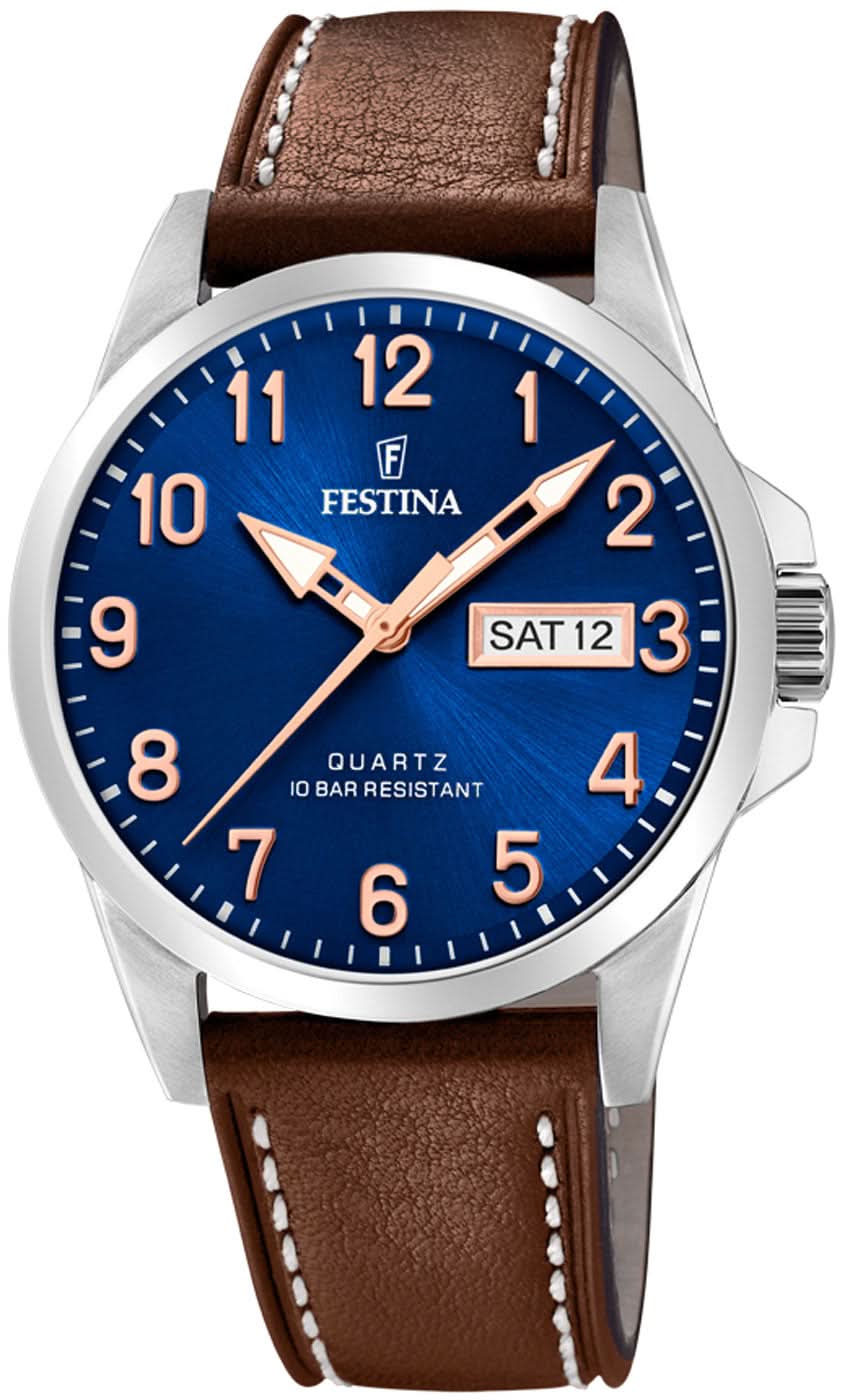 Festina herrur med blå urtavla, silverfärgat boett och brunt läderarmband