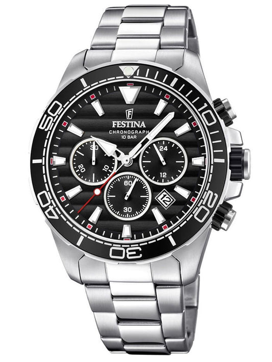 Herrenuhr von FESTINA mit Chronograph, schwarzem Zifferblatt und Edelstahlarmband