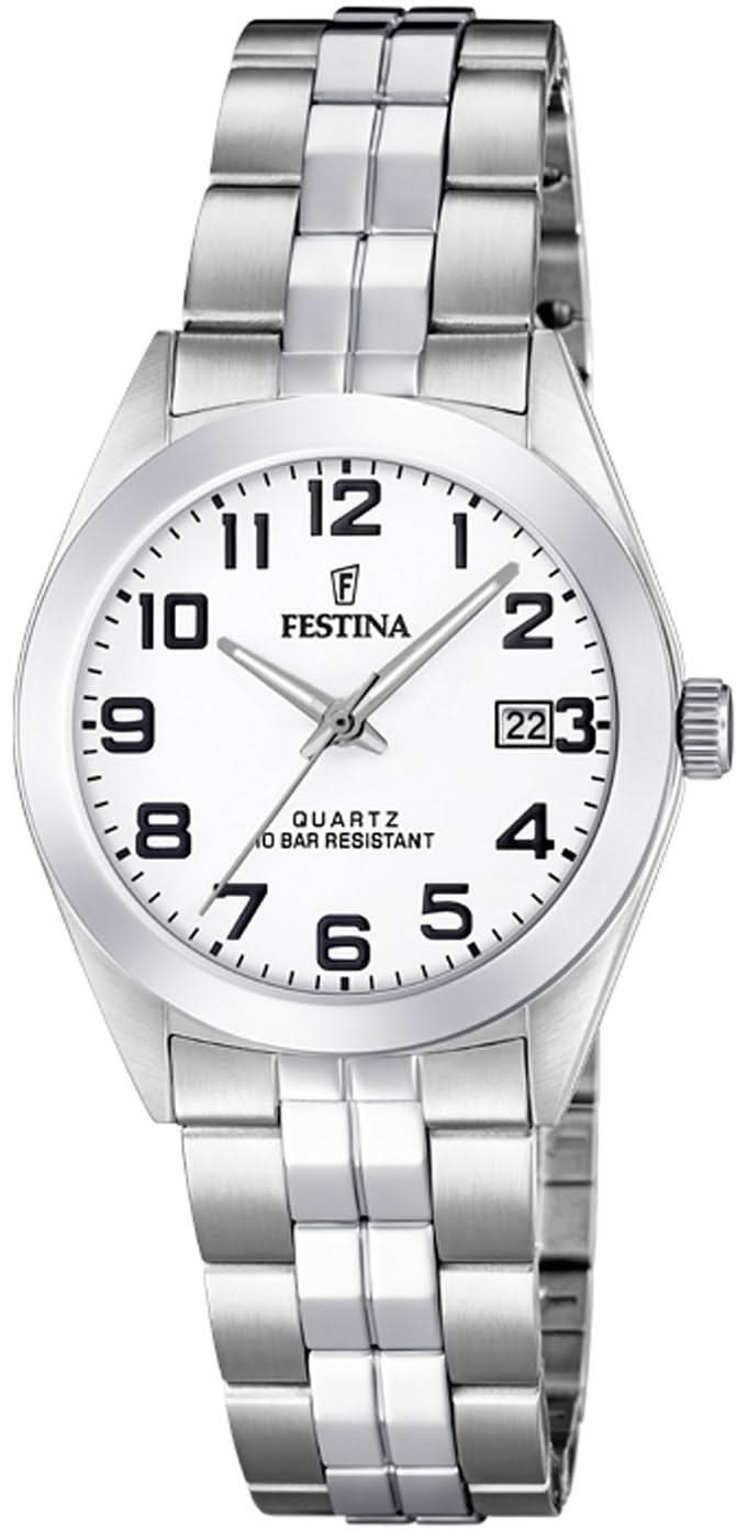 Festina damklocka med vit urtavla, svart indexskala och armband i rostfritt stål