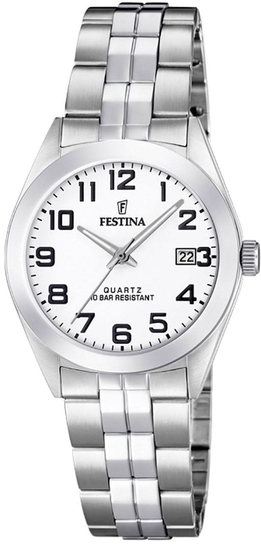 Festina damklocka med vit urtavla, svart indexskala och armband i rostfritt stål