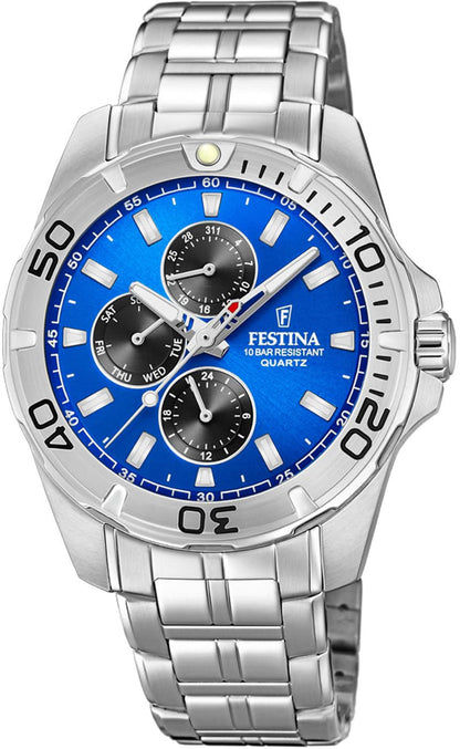 Festina herrklocka med blå urtavla, kronograf-subdials och armband i rostfritt stål.