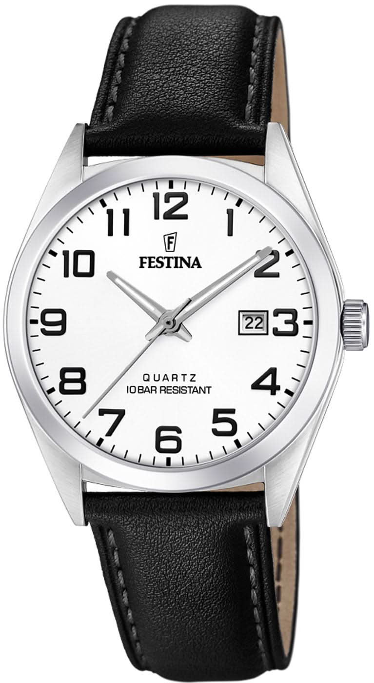 Festina herrarmbandsur: svart läder, silverfärgat hölje, vit urtavla, datumfönster