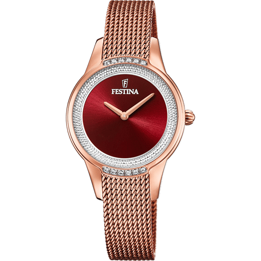 Festina Damenuhr mit rotem Zifferblatt, Zirkonia-Lünette und Metall-Meshband.