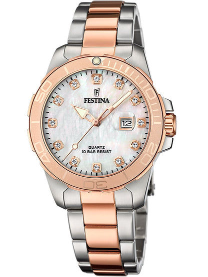 Festina Boyfriend F20505/1 Damenuhr Bicolor • Perlmutt-Zifferblatt mit Datum • Mineralglas
