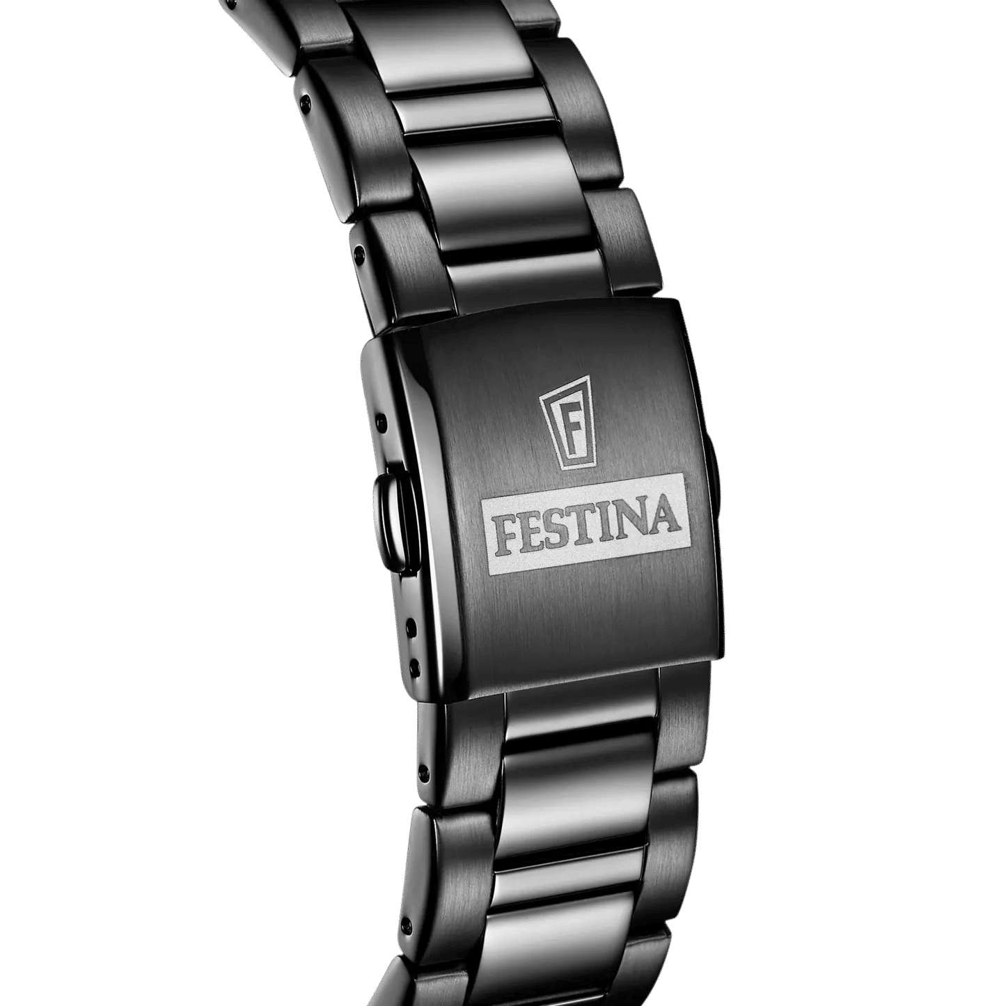 Herrarmbandsur med svart metallarmband och spänne med FESTINA-logotyp.