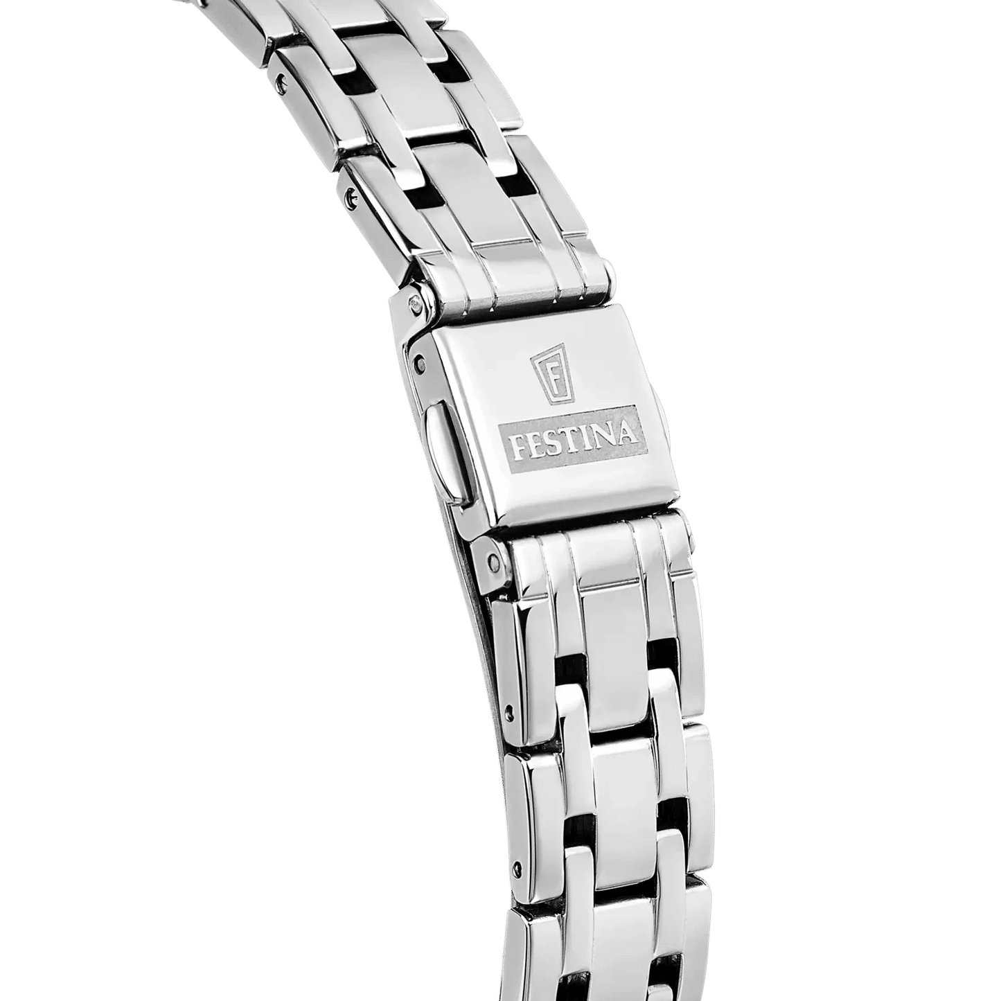 Damklocka med silverfärgat metallarmband och spänne, sidovy