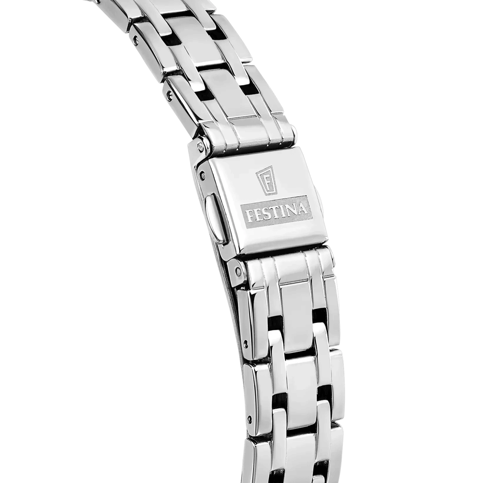 Damklocka med silverfärgat metallarmband och spänne, sidovy