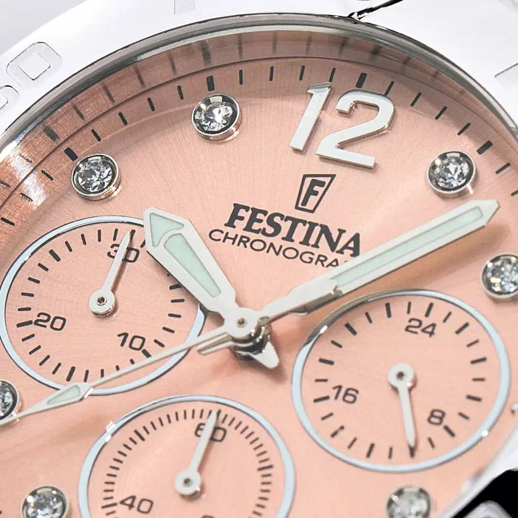 Festina Damklocka-detalj: rosafärgad urtavla med kronograf-suburtavlor