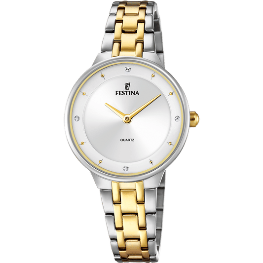 Festina Damenuhr mit silbernem und goldfarbenem Edelstahlband, weißem Zifferblatt, Quarz.