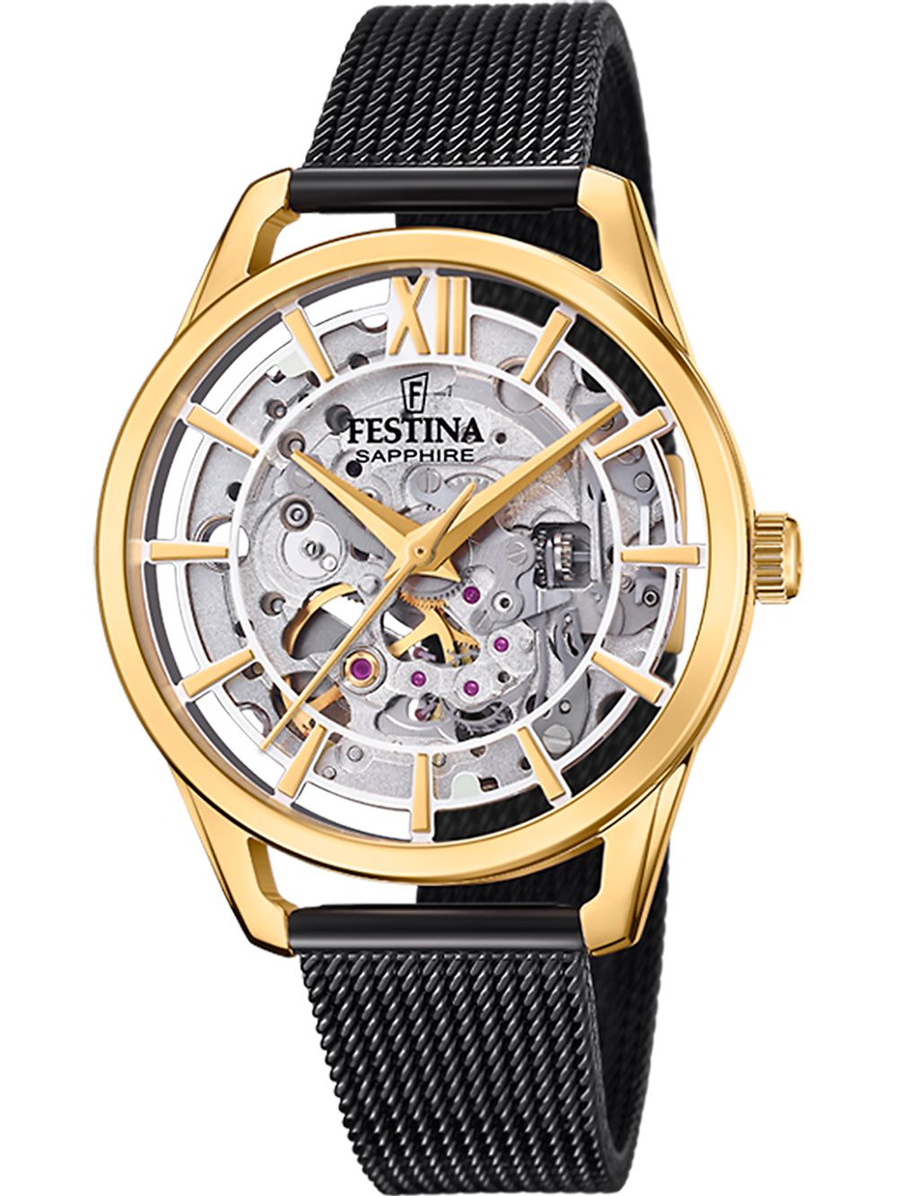 Festina Damenuhr mit schwarzem Metallband, goldfarbener Lünette und Skelettzifferblatt