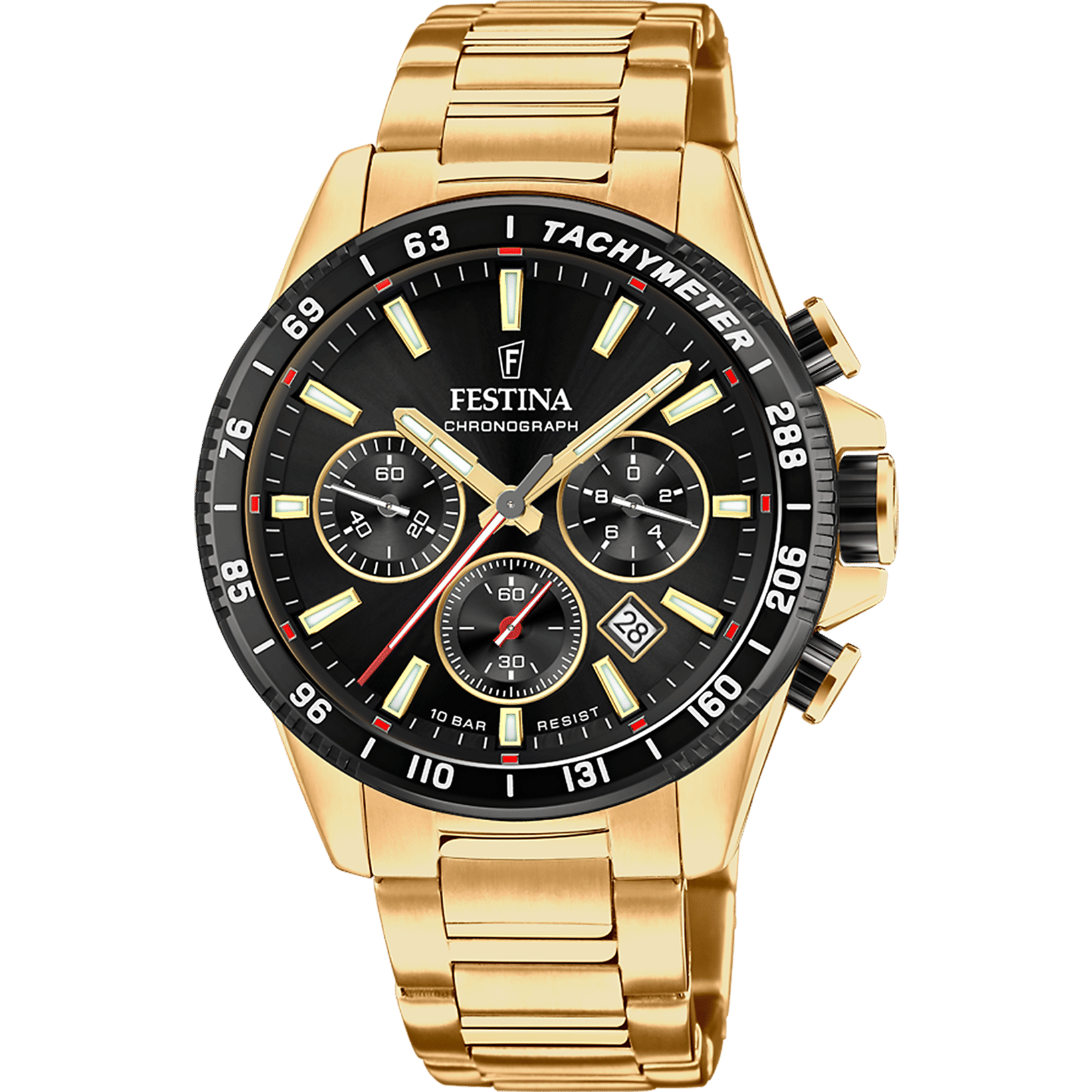 Festina herrklocka kronograf med svart urtavla, tachymeter, guldfärgat rostfritt stålband
