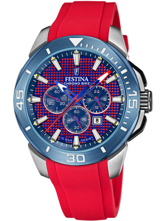 Festina Herrenuhr mit rotem Silikonarmband, blauem Zifferblatt und Chronograph