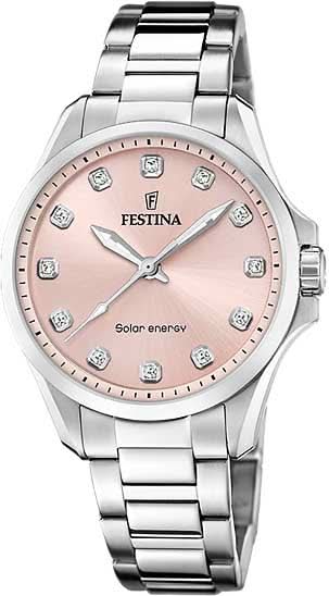 "Damklocka med rosafärgad urtavla och armband i silverfärgat rostfritt stål, solenergi, Festina"