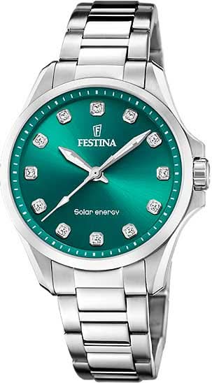 Festina damklocka med solcellsdrift, grön urtavla och armband i rostfritt stål