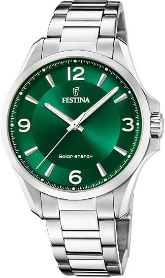 Festina solcellsdriven herrklocka med grön urtavla och metallarmband, 3 visare