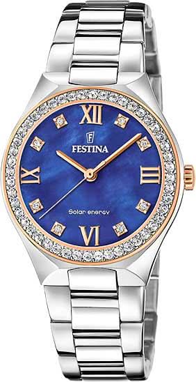 Festina damklocka med armband i rostfritt stål, blå urtavla och romerska siffror, infattning med stenar