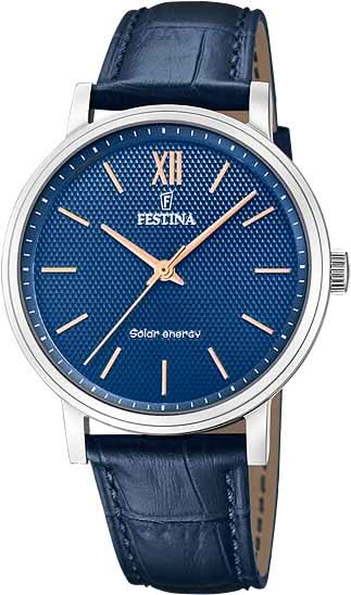 Festina herrklocka med blå urtavla, romerska siffror och blått läderarmband.