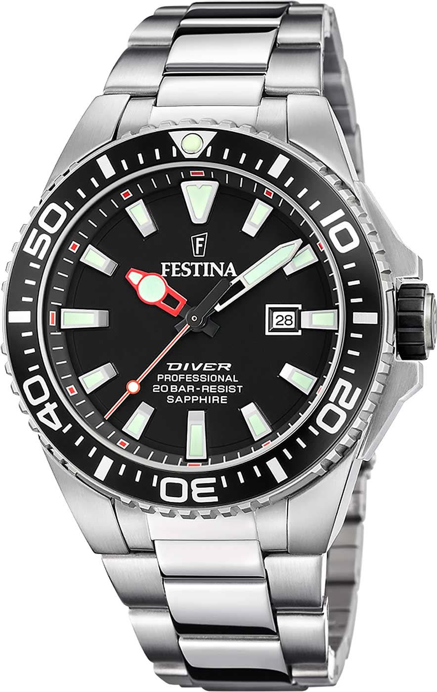 Festina Diver Professional herrklocka med svart urtavla, datumvisning och stålarmband