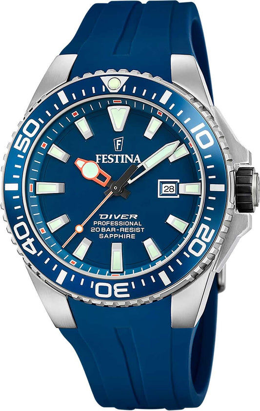 Festina herrklocka med blå urtavla, safirglas, datumfönster och blått band