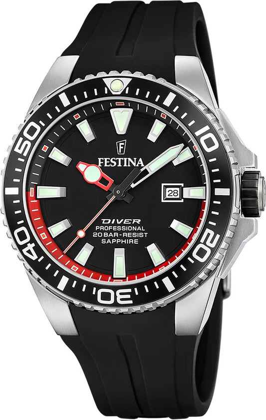 Festina Diver herrklocka med svart urtavla, datumvisning och svart gummiarmband.