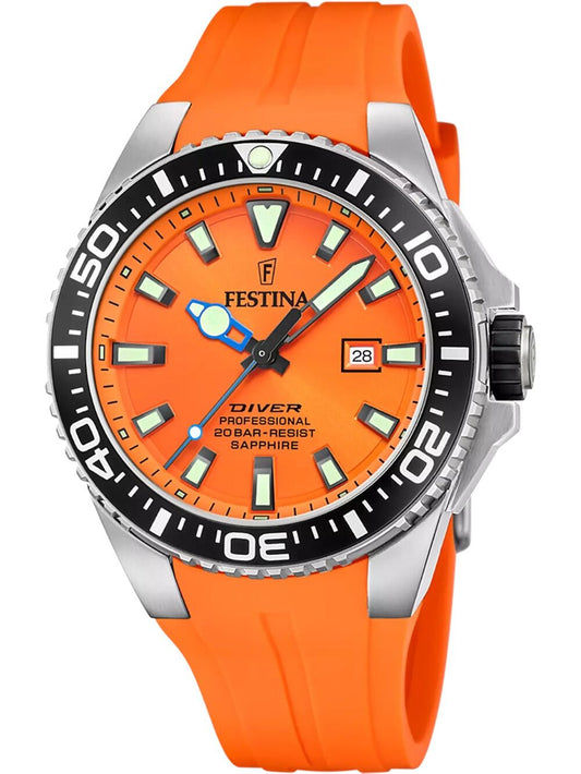 Festina Herren-Armbanduhr: orange Zifferblatt, schwarze Lünette, silbernes Gehäuse, orange Band