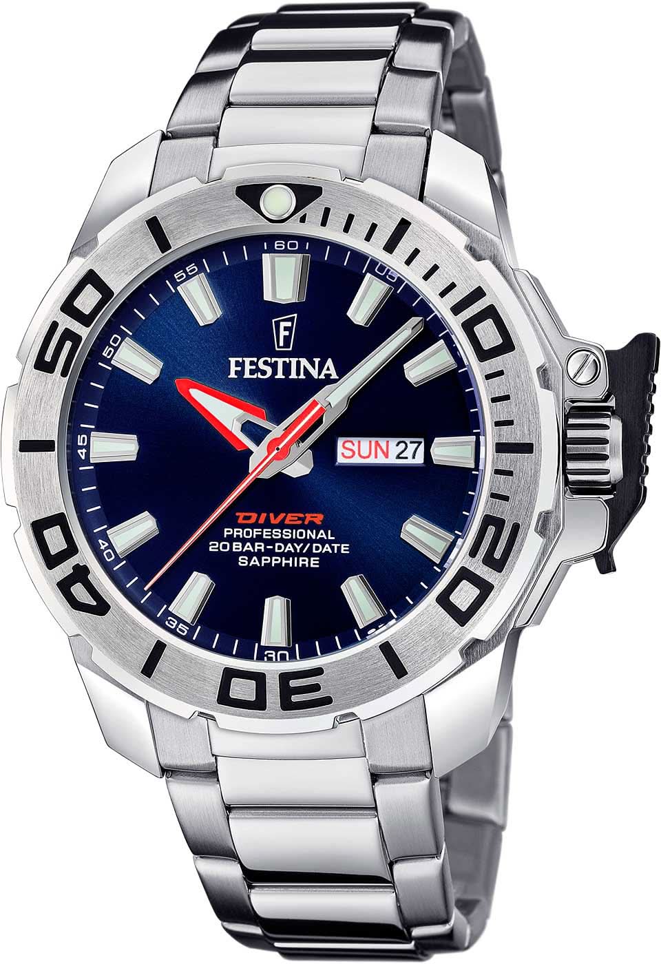 Festina Diver herrklocka med blå urtavla, armband i rostfritt stål och safirglas