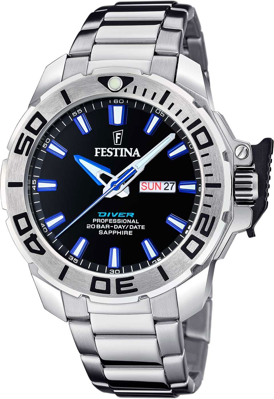 Festina herrur med blå urtavla, rostfritt stålboett och armband, dykarring